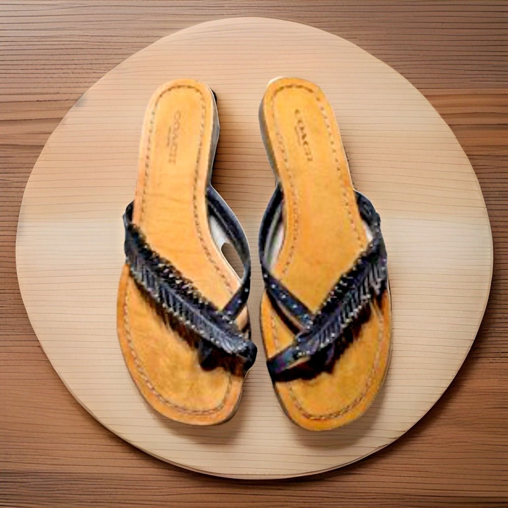 Coach New York Women Size‎ 10B DENI Feather Black Leather Slip On Slide Sandals